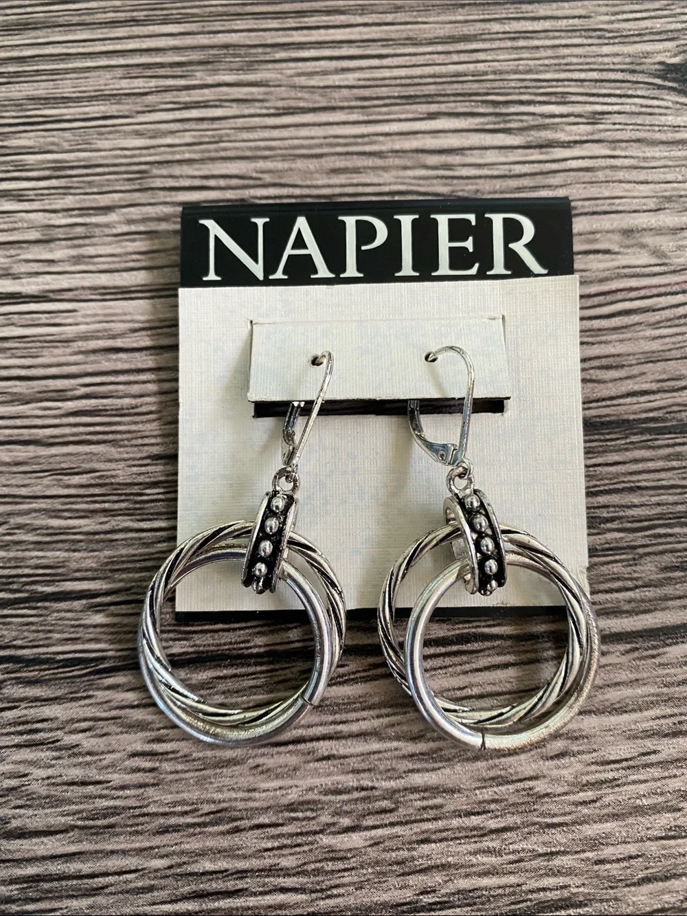 Napier Silver Multi-Hoop Drop Earrings with Accent Bead Detail NWT